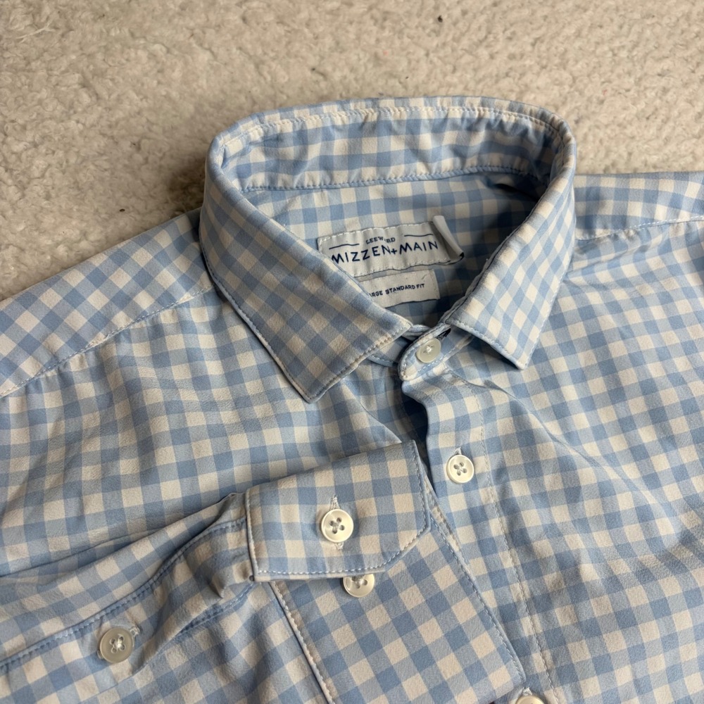 Mizzen + Main Leeward Gingham Shirt Men Large Blue White Performance Button Down